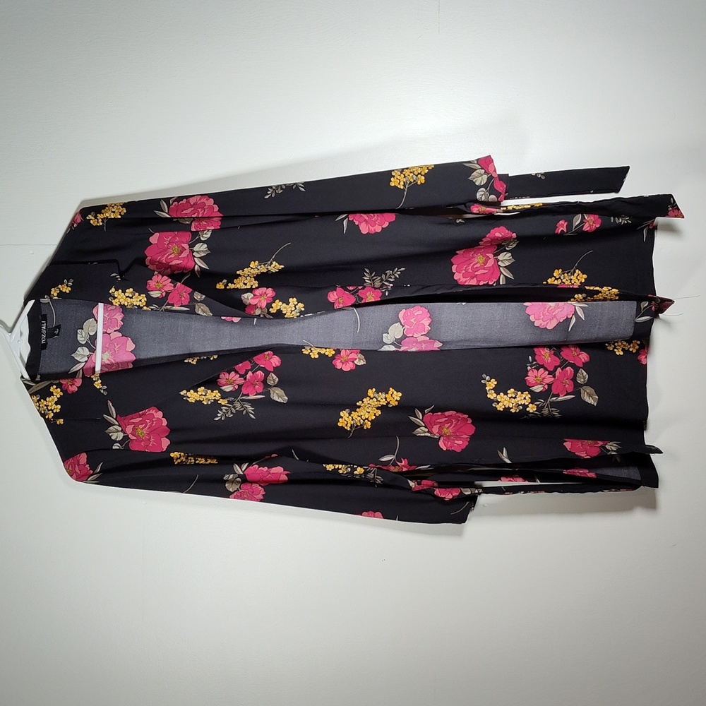 Roz & Ali‎ black floral open front kimono cardigan jacket layer office small
